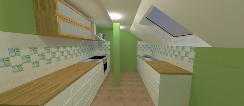 Randari la cerere pentru o bucatarie intr-o mansarda, variante pentru aplicarea faiantei decor.