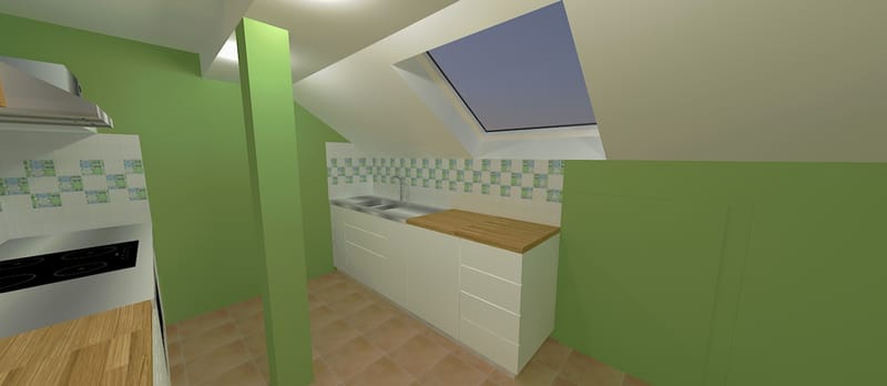 Randari la cerere pentru o bucatarie intr-o mansarda, variante pentru aplicarea faiantei decor.