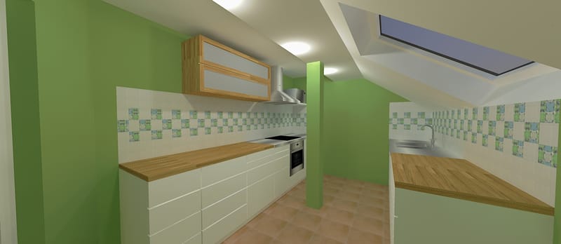 Randari la cerere pentru o bucatarie intr-o mansarda, variante pentru aplicarea faiantei decor.