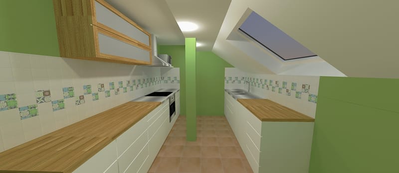 Randari la cerere pentru o bucatarie intr-o mansarda, variante pentru aplicarea faiantei decor.