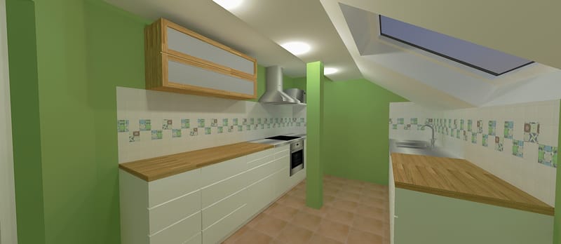 Randari la cerere pentru o bucatarie intr-o mansarda, variante pentru aplicarea faiantei decor.