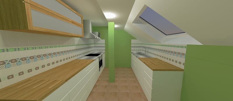 Randari la cerere pentru o bucatarie intr-o mansarda, variante pentru aplicarea faiantei decor.