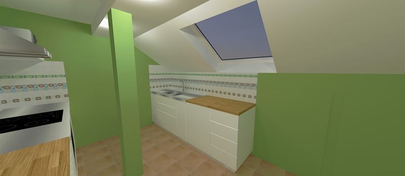 Randari la cerere pentru o bucatarie intr-o mansarda, variante pentru aplicarea faiantei decor.