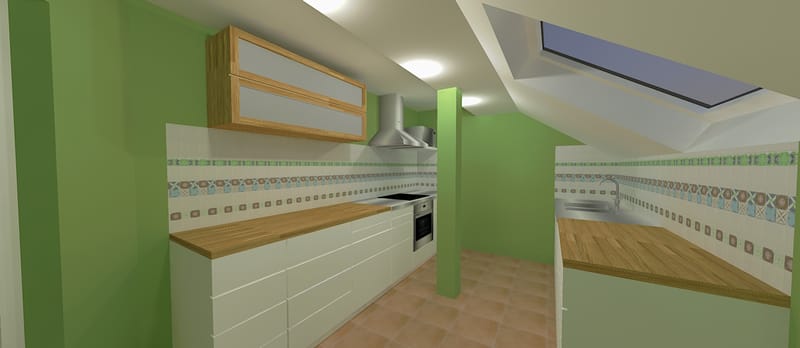 Randari la cerere pentru o bucatarie intr-o mansarda, variante pentru aplicarea faiantei decor.