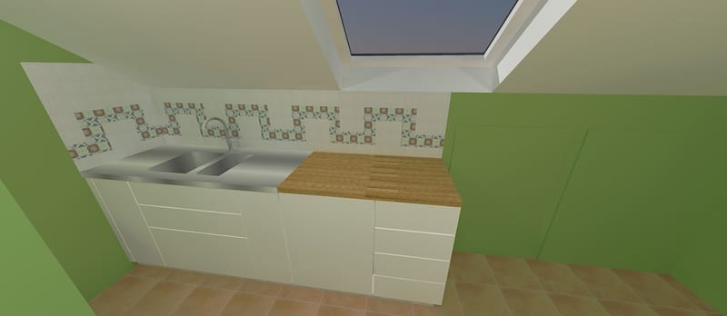 Randari la cerere pentru o bucatarie intr-o mansarda, variante pentru aplicarea faiantei decor.