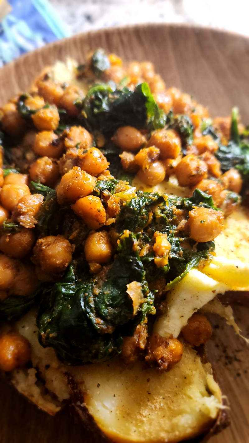 Japanese Potato with Seasoned Spinach and Garbanzo Beans