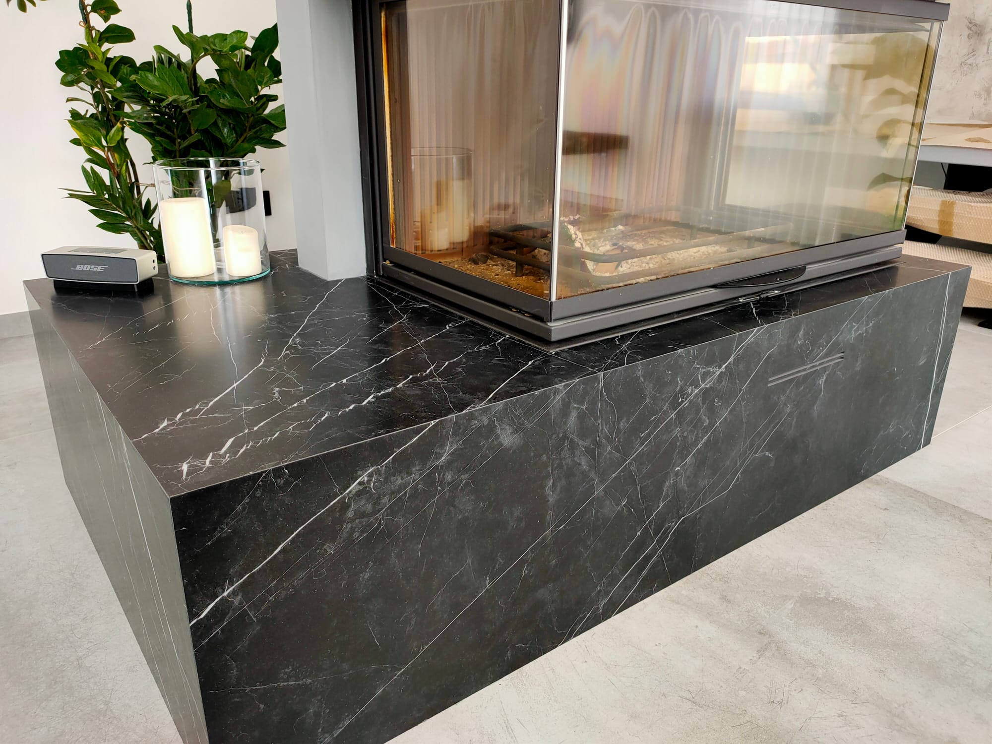 Black Kitchen and Fireplace - Private Villa