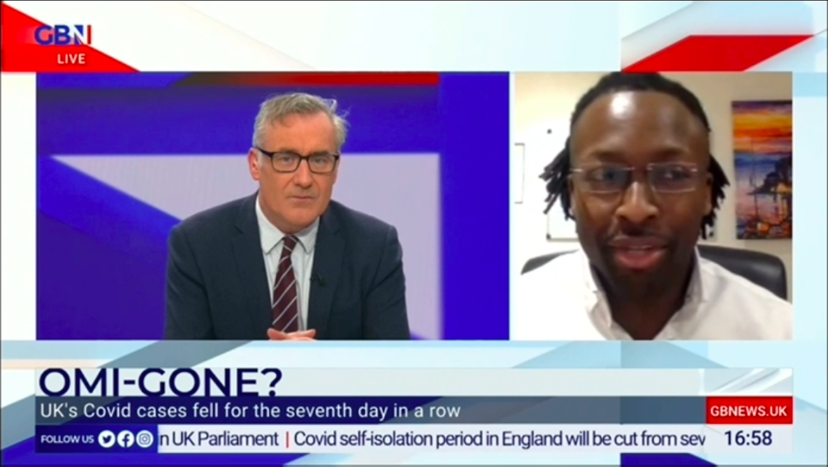 Live News broadcast of GBN Anchor Brazier & Dr Raphael Olaiya -NHS Doctor and Data Scientist discuss  omicron variant data trends and patterns.
