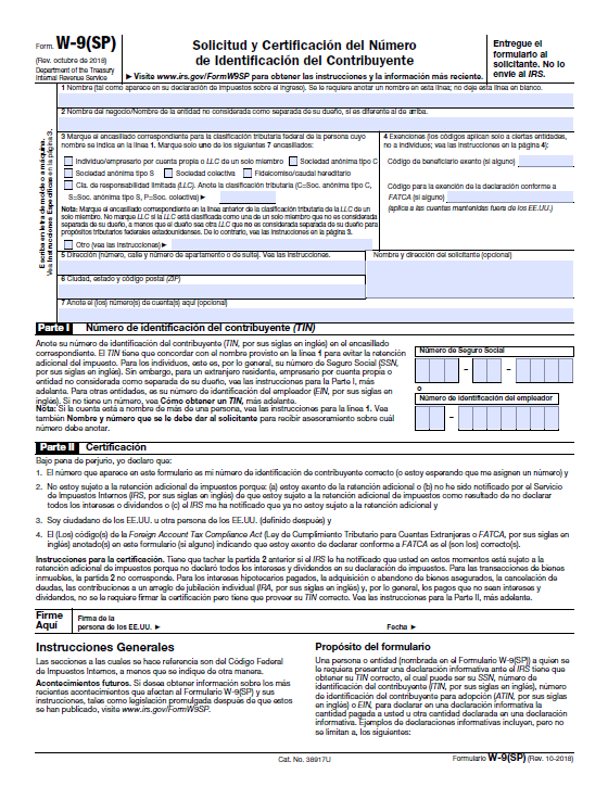 Formulario W9 del IRS