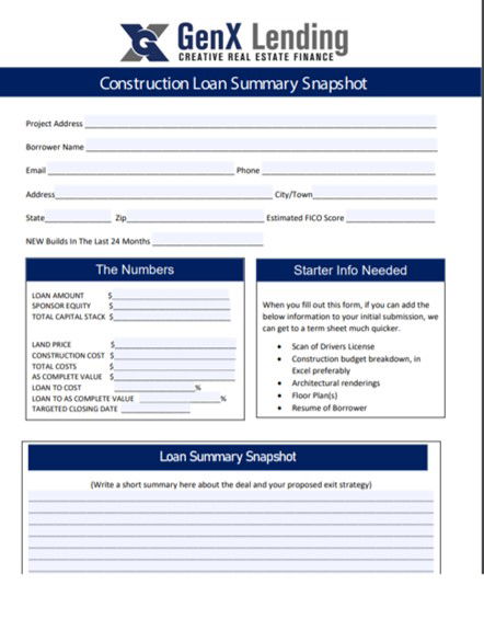 1 PAGE CONSTRUCTION LOAN SUMMARY