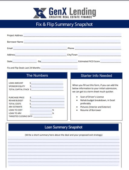 1 PAGE FIX AND FLIP LOAN SUMMARY