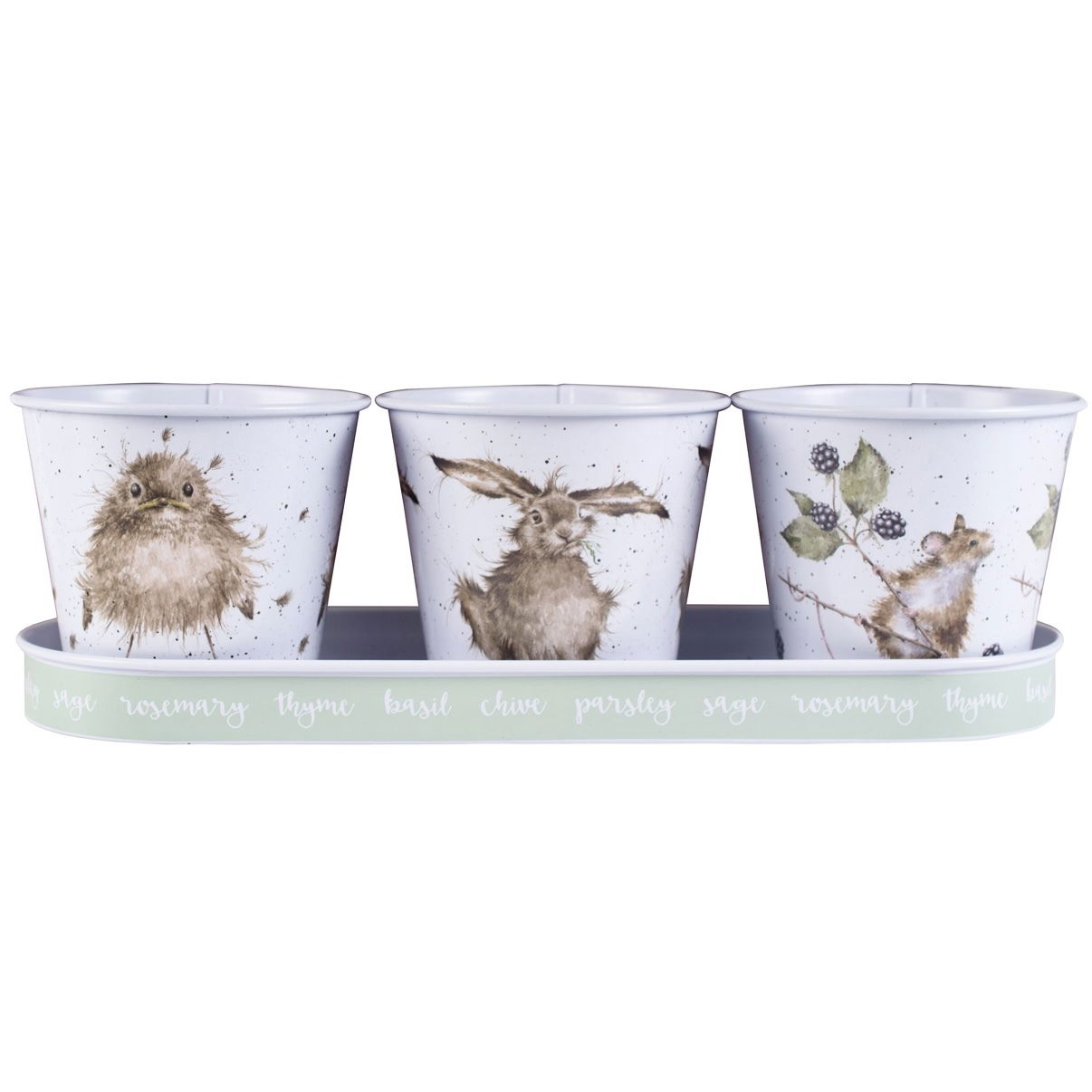 THREE HERB POTS AND TRAY