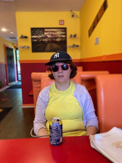 Eileen waiting for her gyro at Salah's