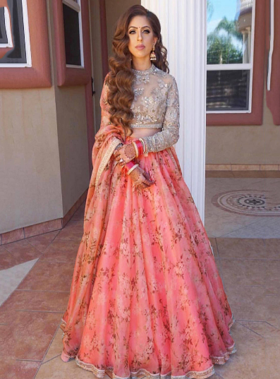 Buy Sabyasachi Pink Floral Digital Printed Organza Silk Bridal Lehenga With Grey Choli and Dupatta O image