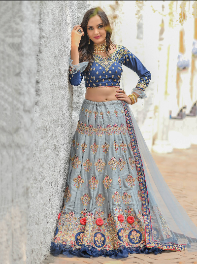 Buy Blue Silk Ruffle Lehenga Online from EthnicPlus for ₹4,749.00 image