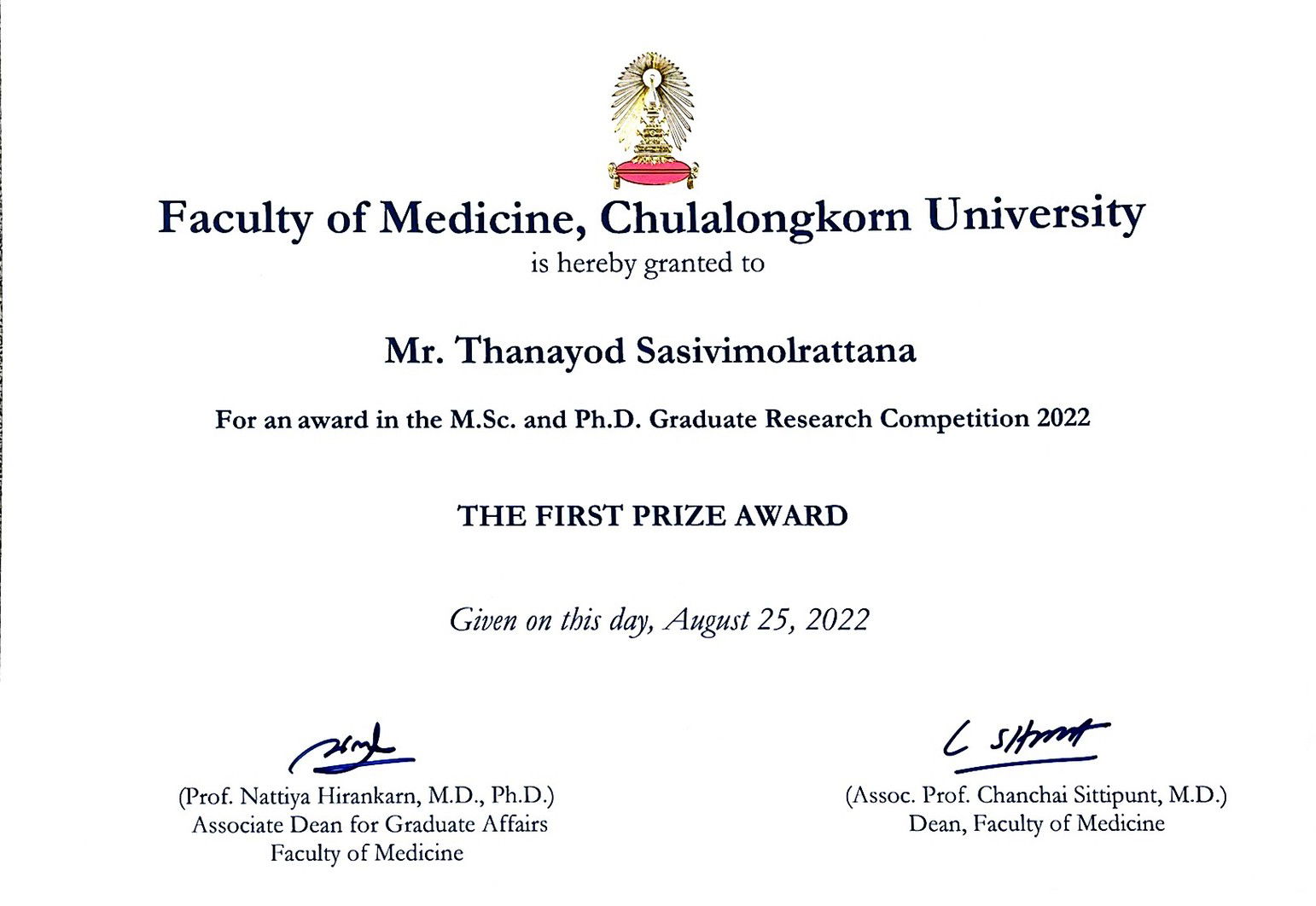 with Prof. Parvapan Bhattarakosol, Ph.D. (Advisor), and Arkom Chaiwongkot, Ph.D. (Co-advisor