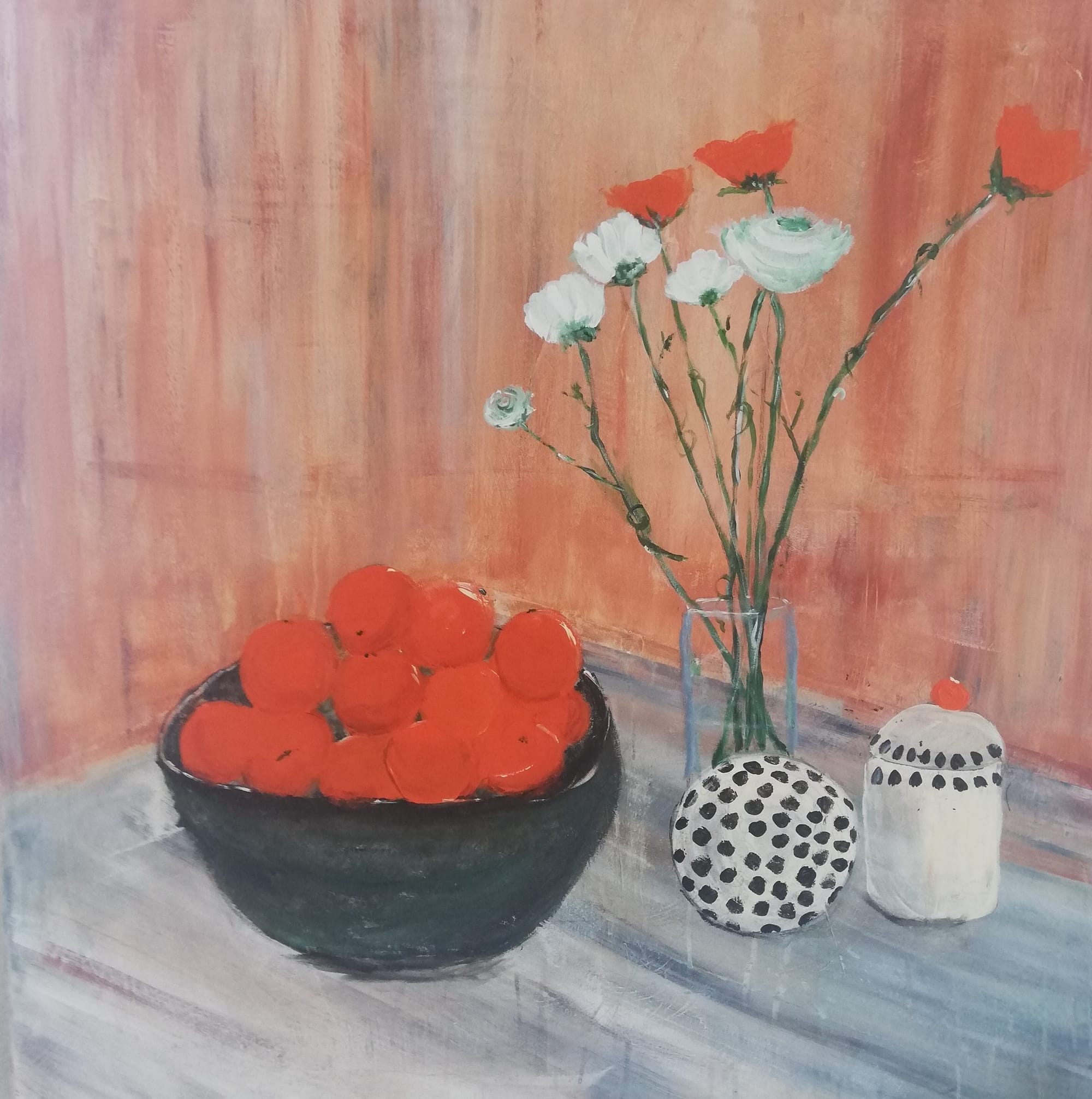 Antonella Gasparin: Ranuncoli in arancione - Acryl auf Leinwand, 100 x 100 cm