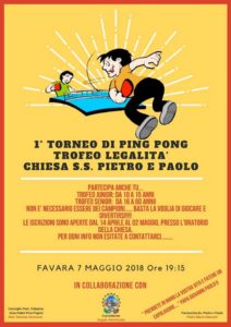 Favara. Festa della Legalità. Lunedì 7 maggio si ricorderà Stefano Pompeo nel Primo torneo di Ping Pong Trofeo Legalità.