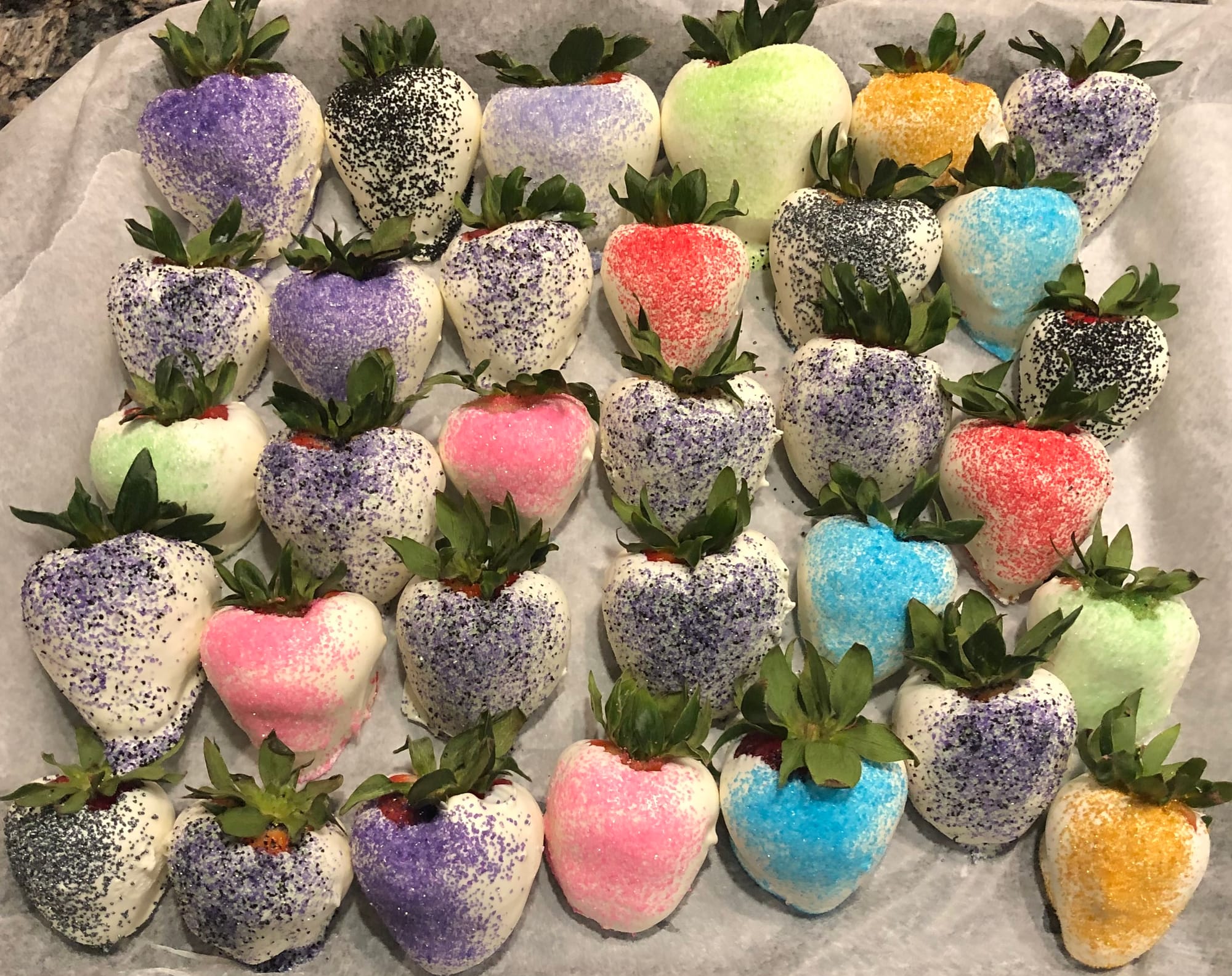 White Chocolate Dipped Strawberries With Various Color Sanding Sugar