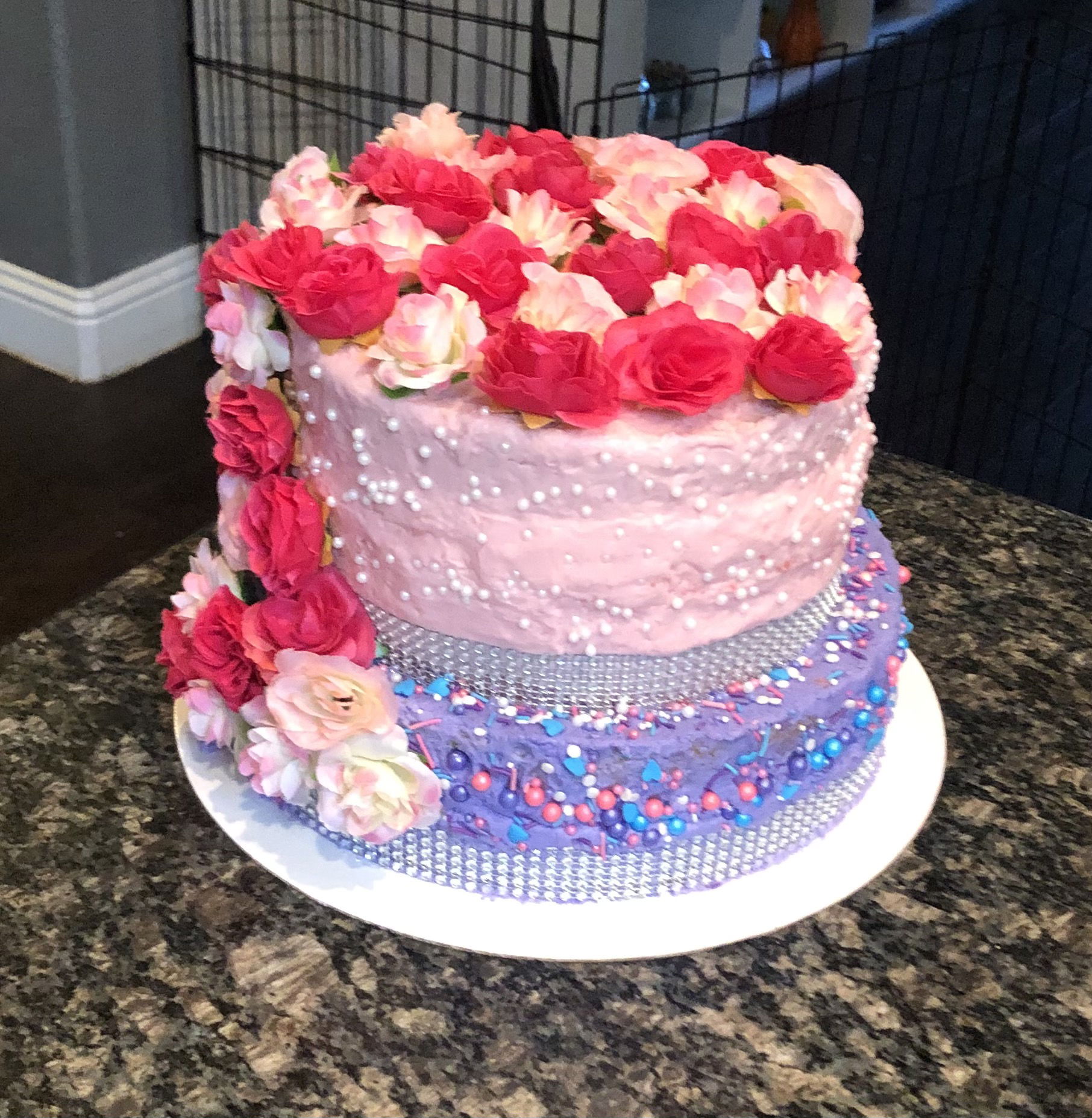 5 Layer 2 Tier Vanilla And Strawberry Cake With Vanilla Buttercream Frosting