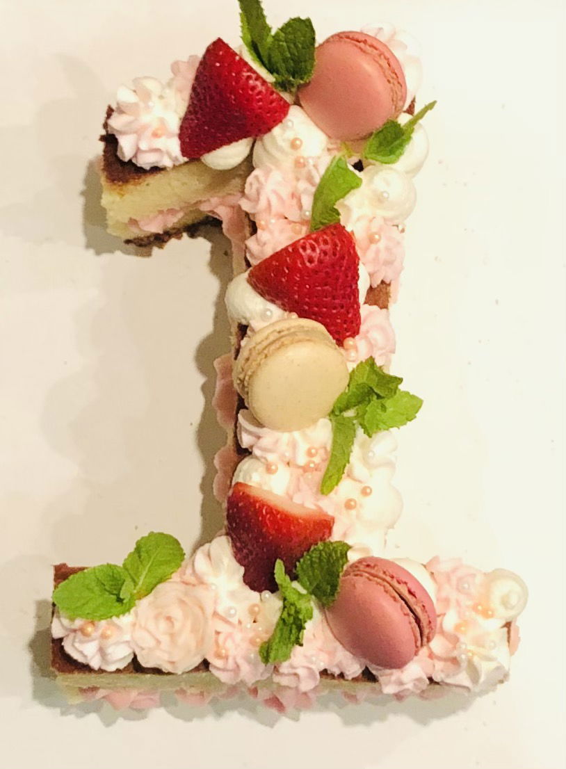 Number 1 Vanilla Cake With Creme Chantilly And Macrons