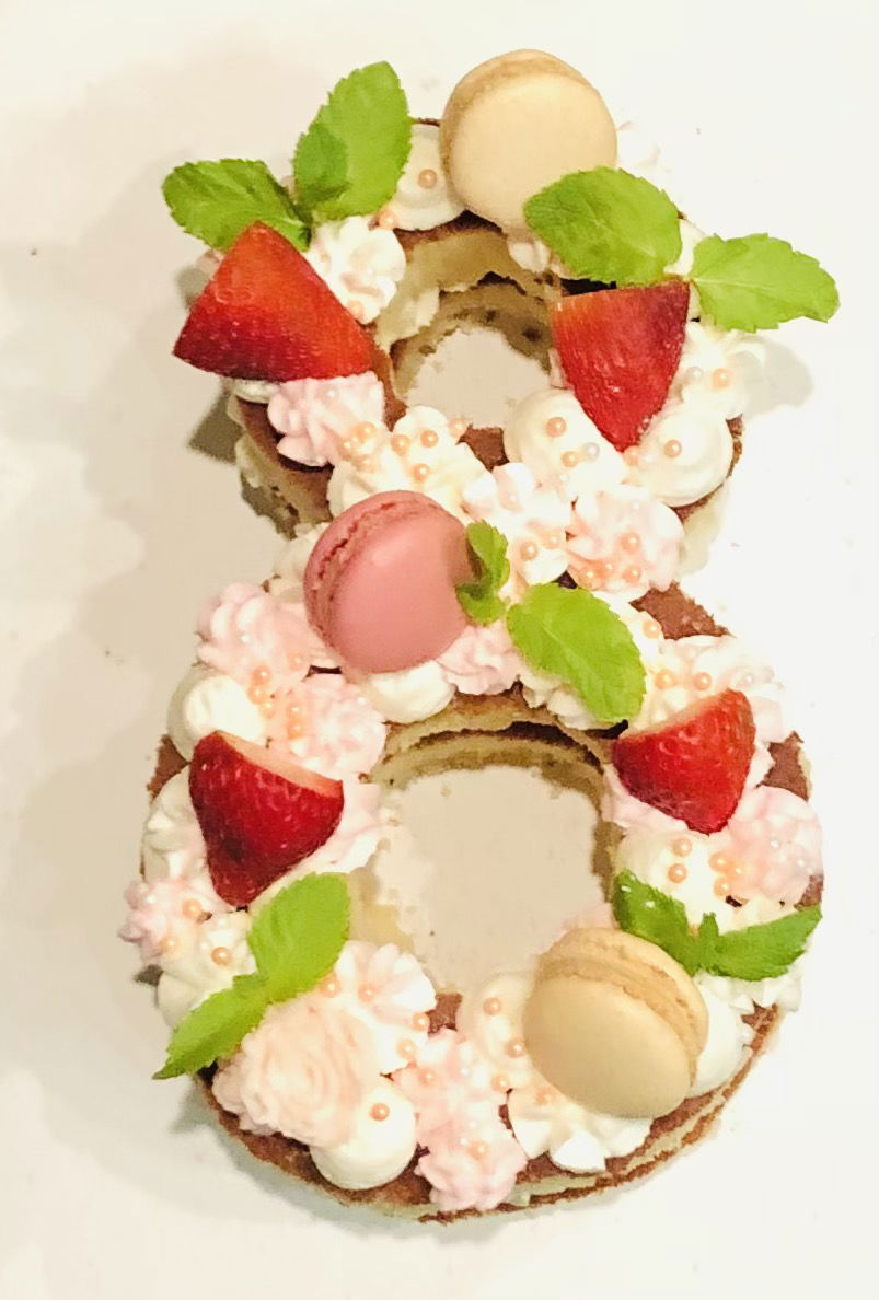 Number 8 Vanilla Cake With Creme Chantilly And Macrons
