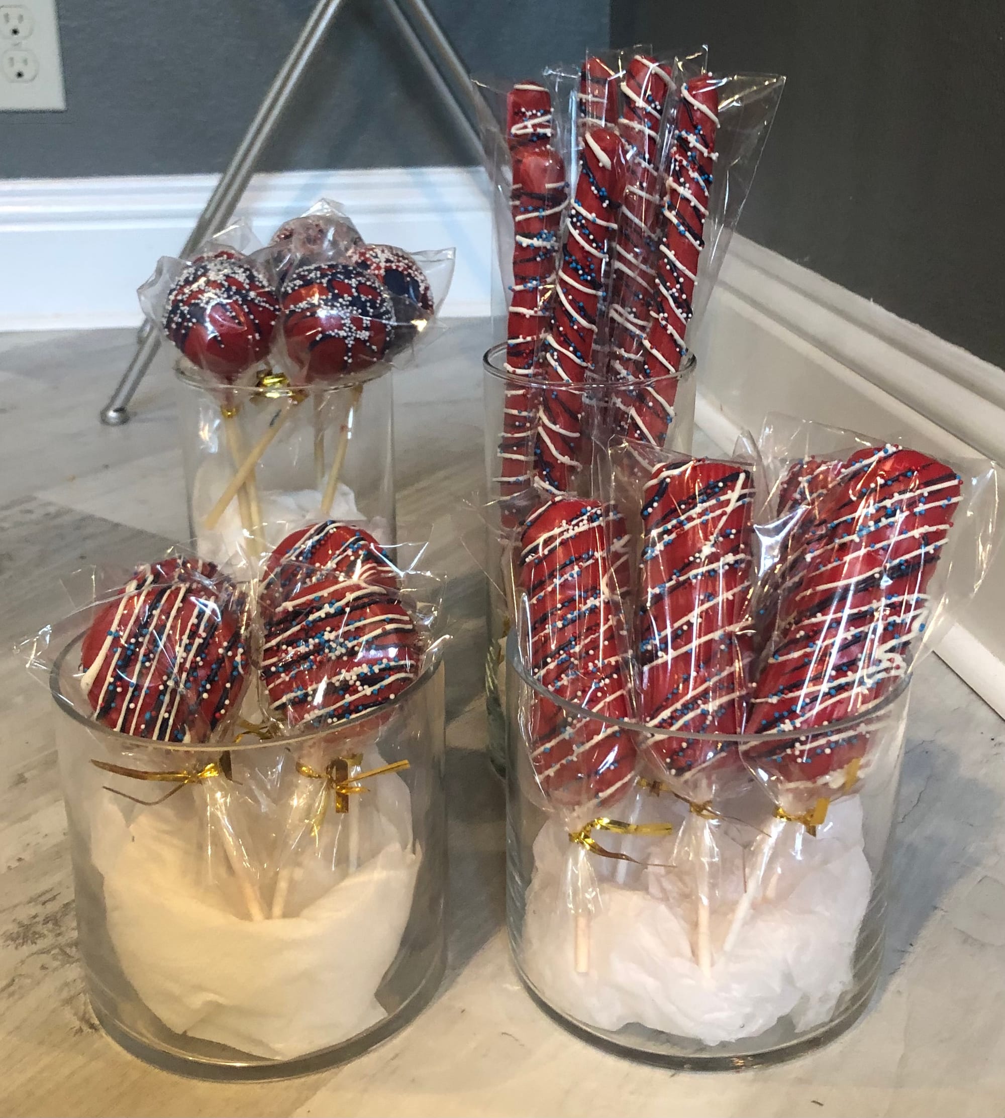 Patriotic Red, White, And Blue Dipped Pretzels, Dipped Marshmallows, Dipped Oreo’s, And Cake Pops