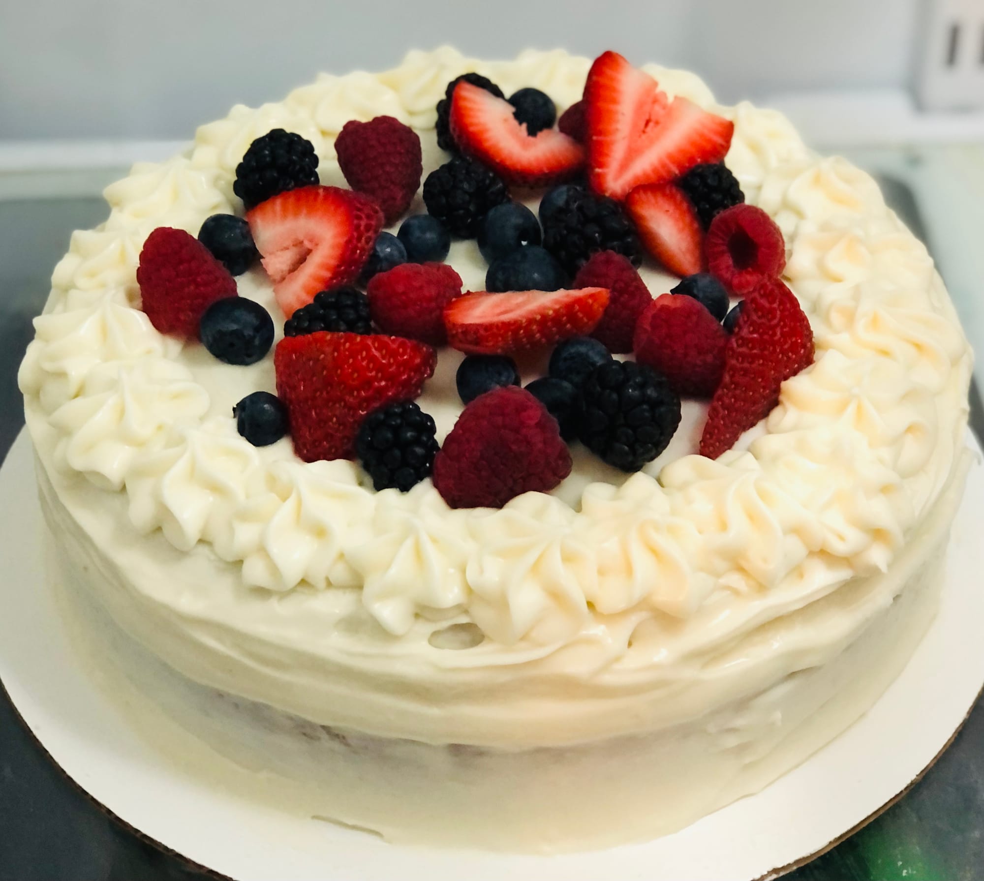 2 Layer Vanilla Cake With Berry Filling And Cream Cheese Frosting