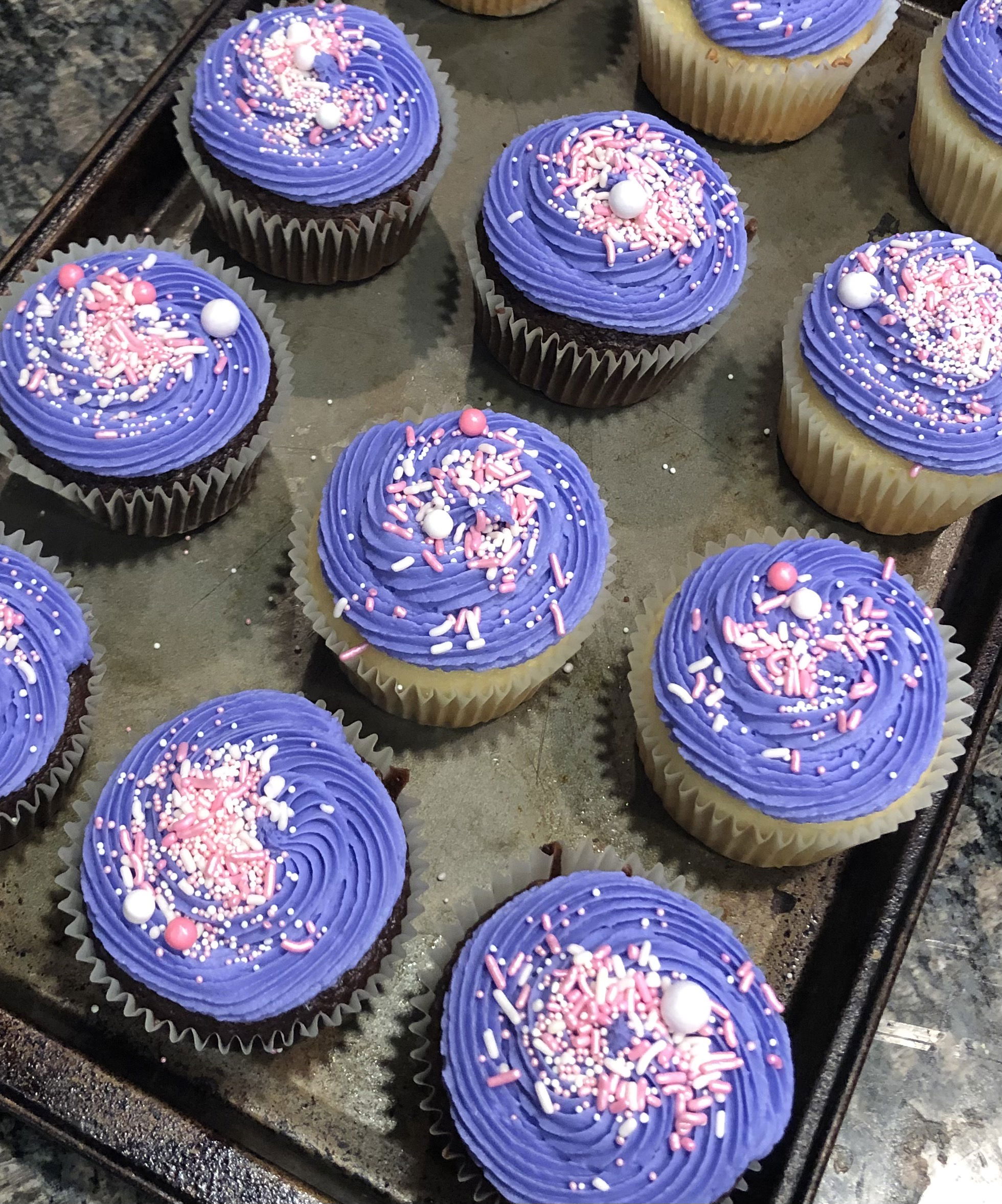 Chocolate & Vanilla Cupcakes With Pink & Purple Buttercream Frosting