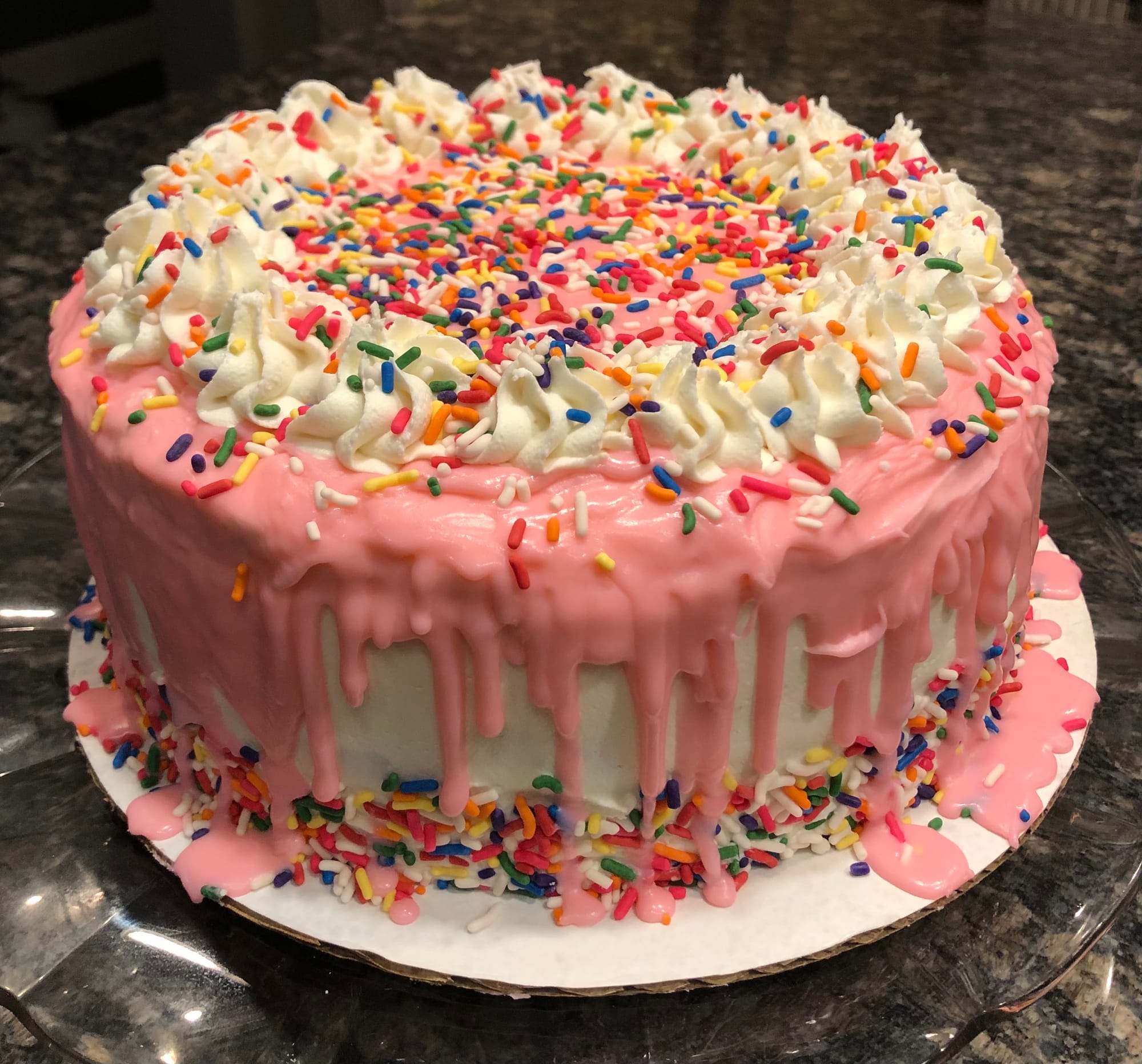 3 Layer Vanilla Cake With Buttercream Frosting And Pink Ganache
