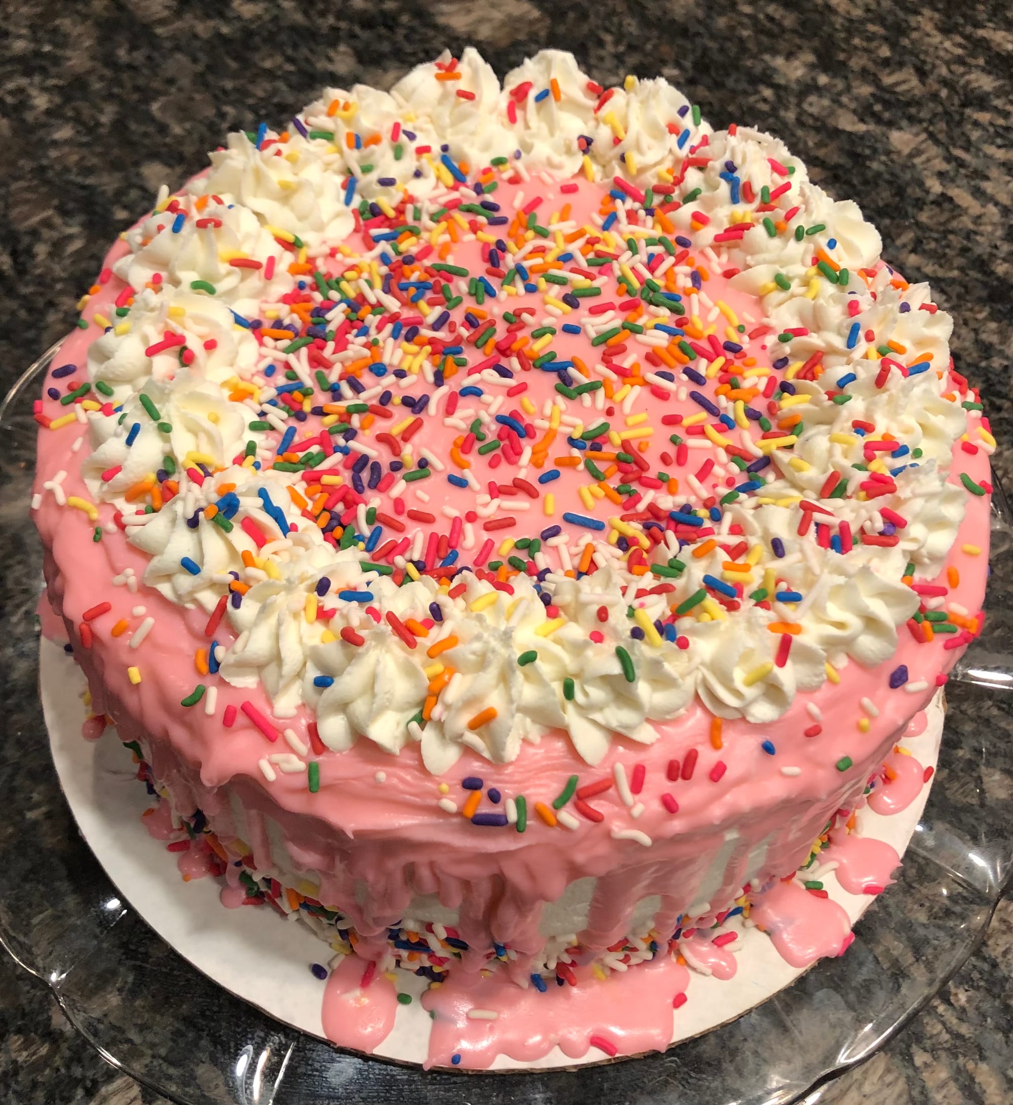 3 Layer Vanilla Cake With Buttercream Frosting And Pink Ganache