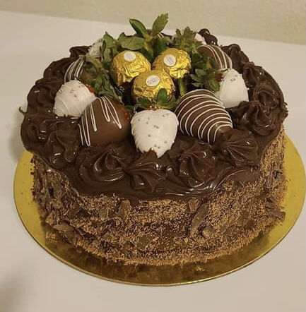 3 Layer Chocolate Cake With Chocolate Buttercream Frosting And Chocolate Dipped Strawberries