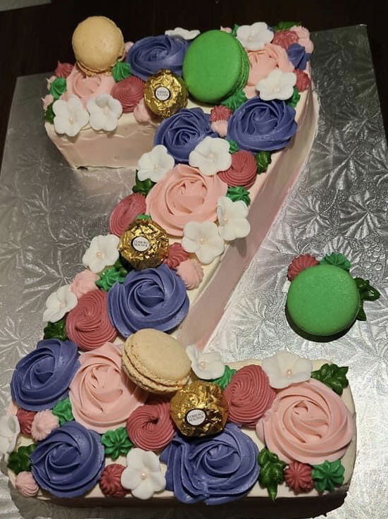 Letter Z Strawberry Birthday Cake With Buttercream Frosting And Macarons