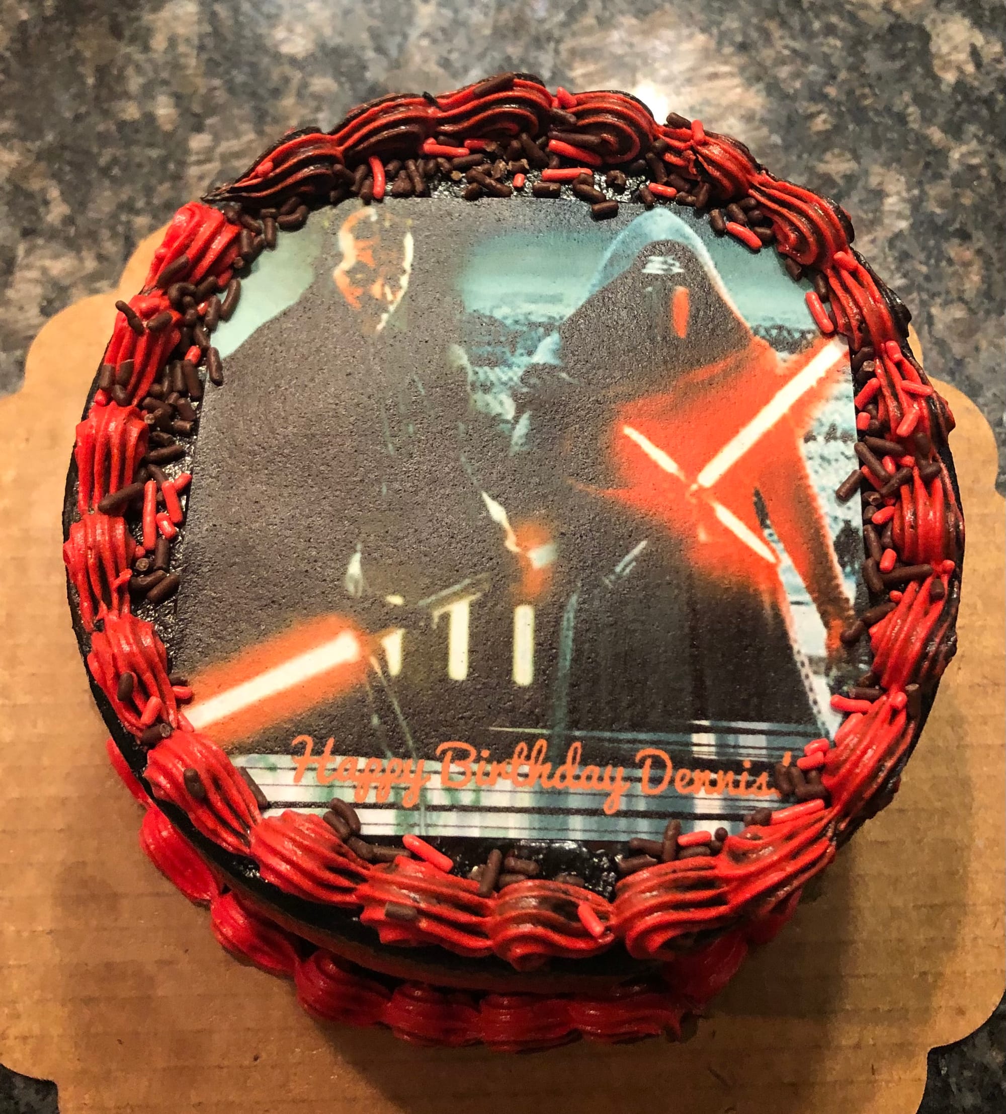 2 Layer Vanilla And Strawberry Star Wars Cake With Chocolate And Vanilla Buttercream Frosting