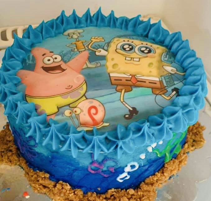 2 Layer Chocolate & Strawberry Sponge Bob Square Pants Birthday Cake With Buttercream Frosting