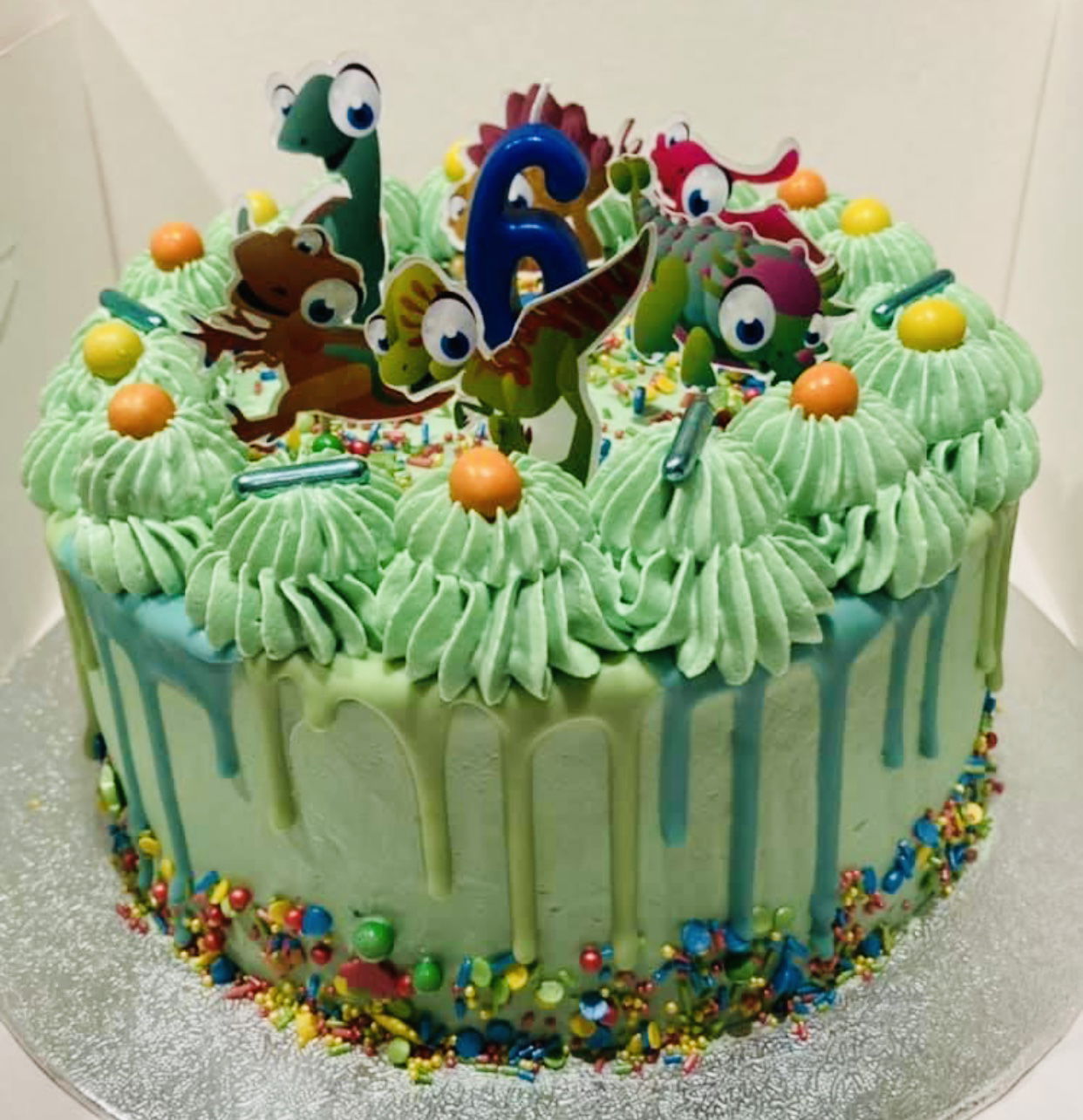 3 Layer Chocolate & Vanilla Dinosaur Drip Cake With Buttercream Frosting