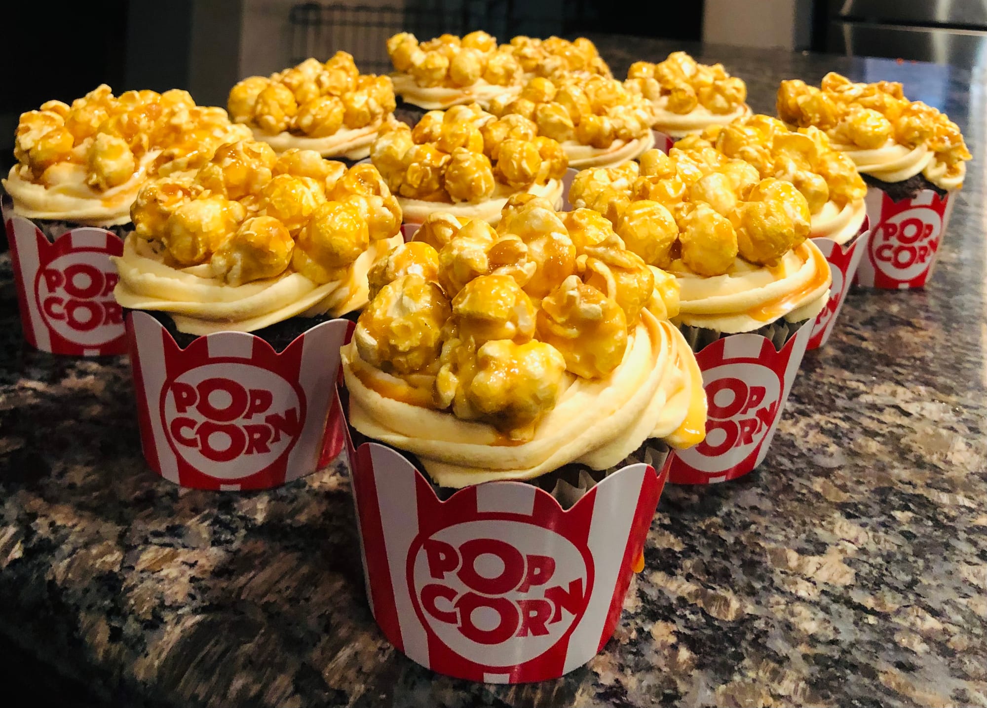 Movie Night Chocolate Cupcakes With Salted Caramel Frosting & Caramel Drizzle