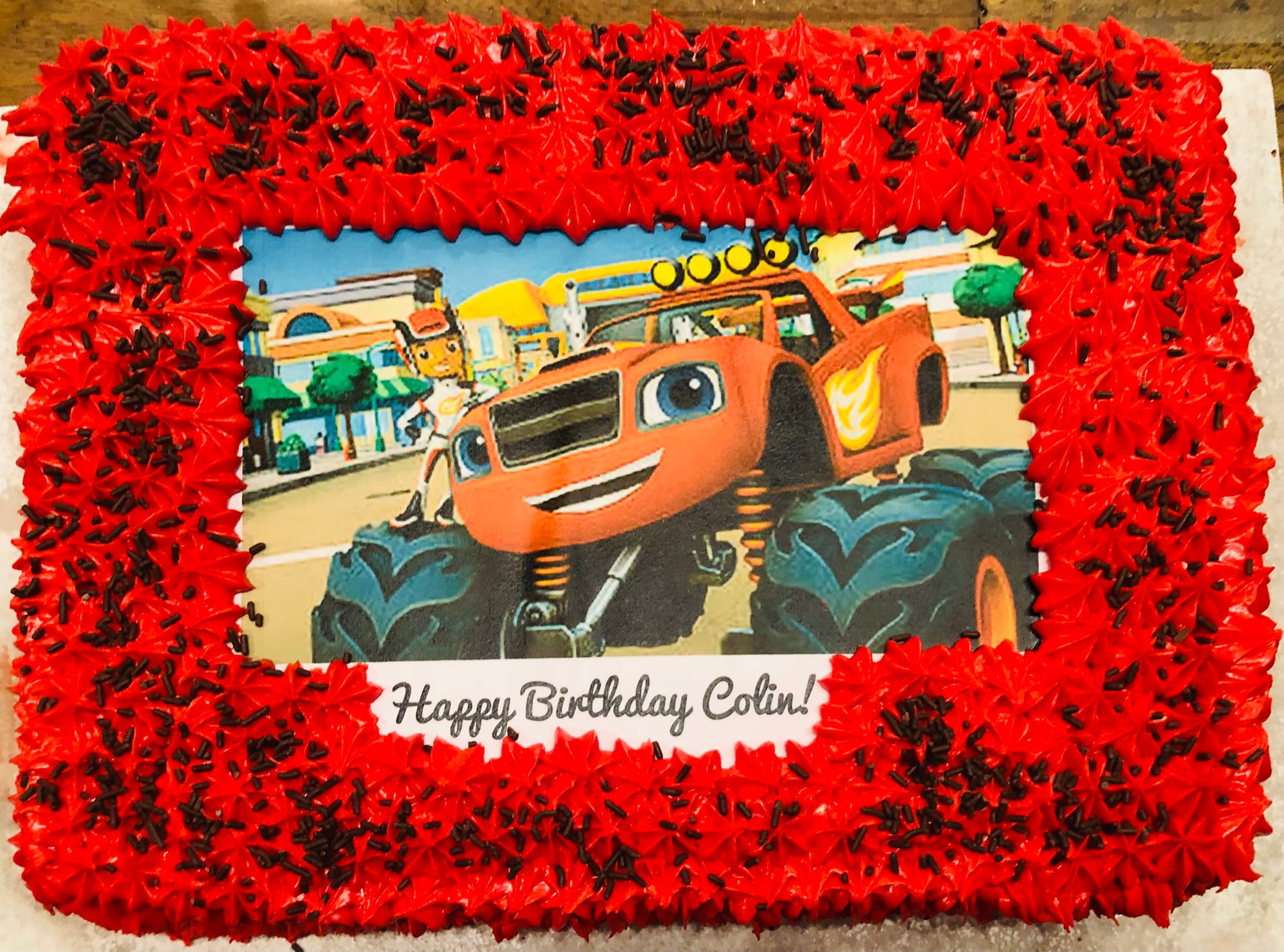 2 Layer Vanilla Blaze and Monster Machines Sheet Cake With Buttercream Frosting