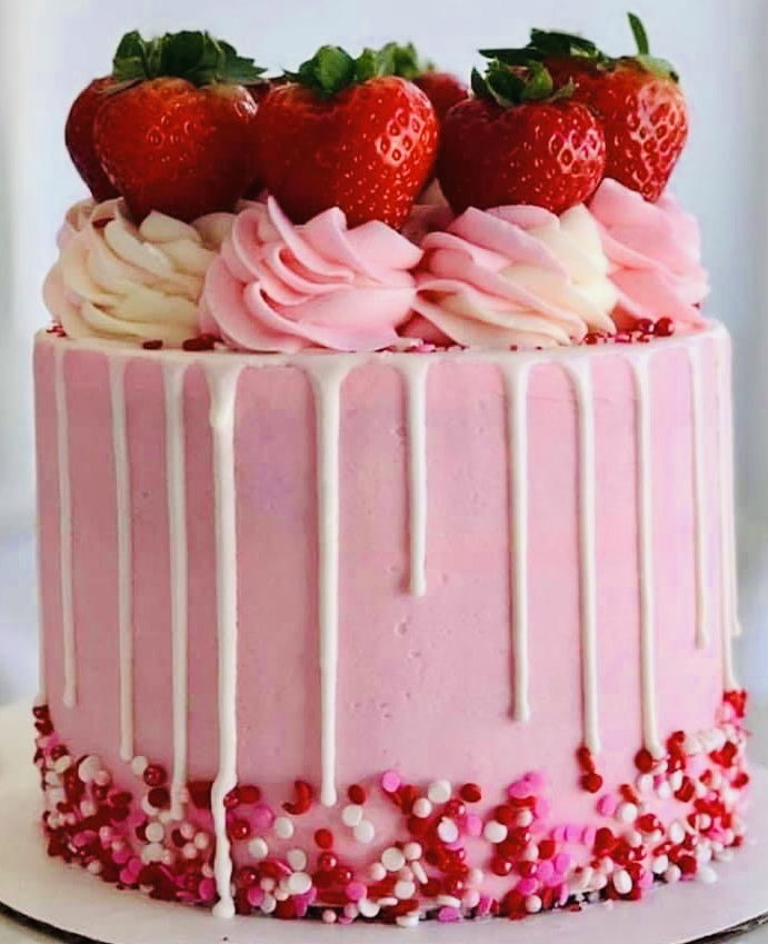 3 Layer Vanilla and Strawberry Valentine’s Cake With Buttercream Frosting and Fresh Strawberries