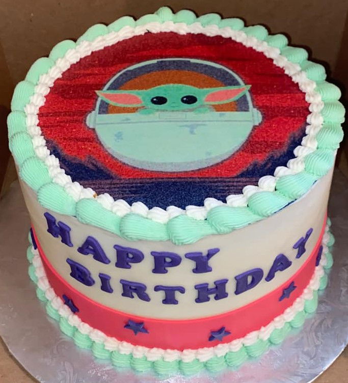 3 Layer Vanilla Baby Yoda Birthday Cake With Buttercream Frosting, and Edible Image