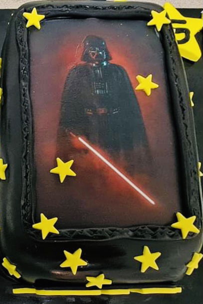 2 Layer Chocolate Star Wars Darth Vader Sheet Cake With Buttercream Frosting, Fondant, and Edible Image