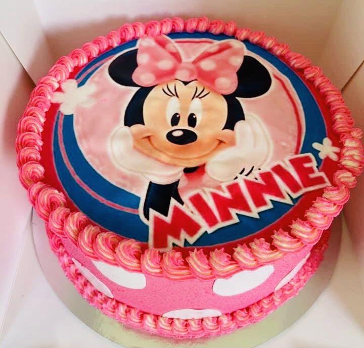 2 Layer Strawberry and Vanilla Minnie Mouse Cake With Buttercream Frosting, and an Edible Image