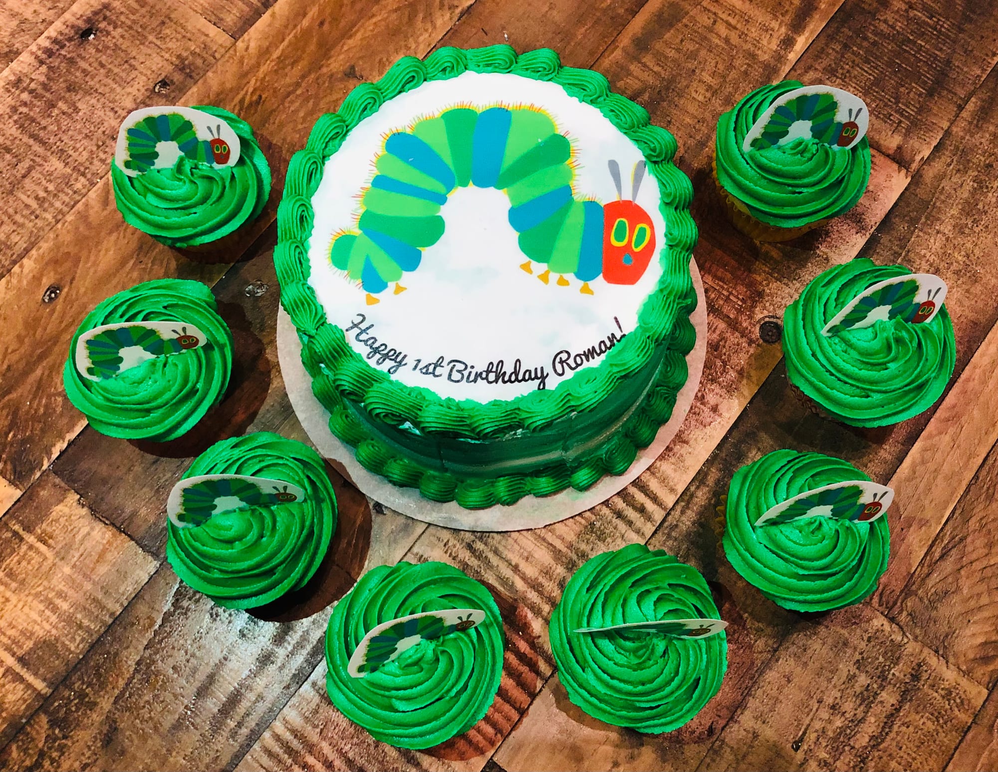 2 Layer Funfetti The Very Hungry Caterpillar Birthday Smash Cake With Matching Cupcakes