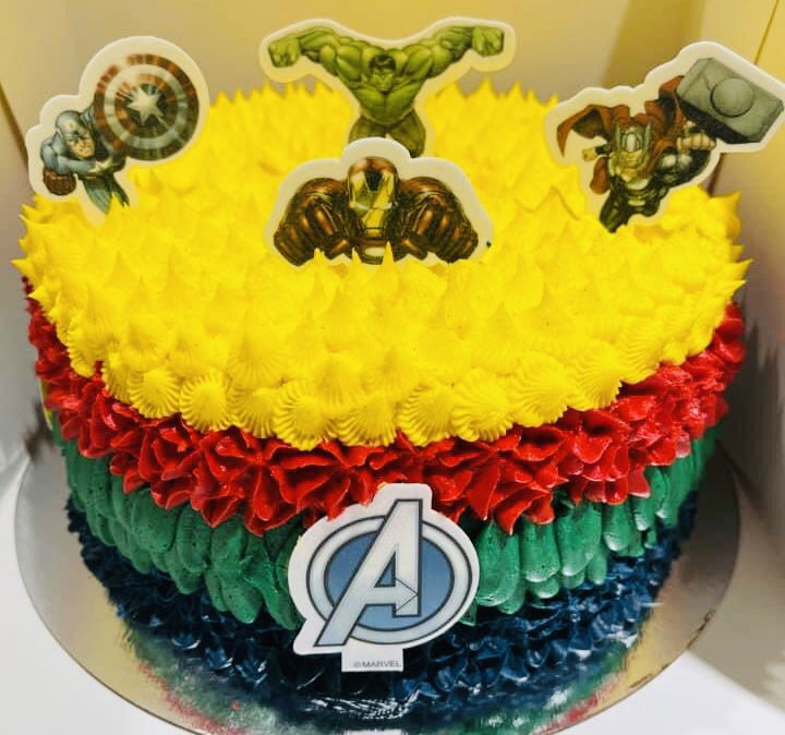 3 Layer Chocolate, Vanilla and Strawberry Avengers Cake With Buttercream Frosting