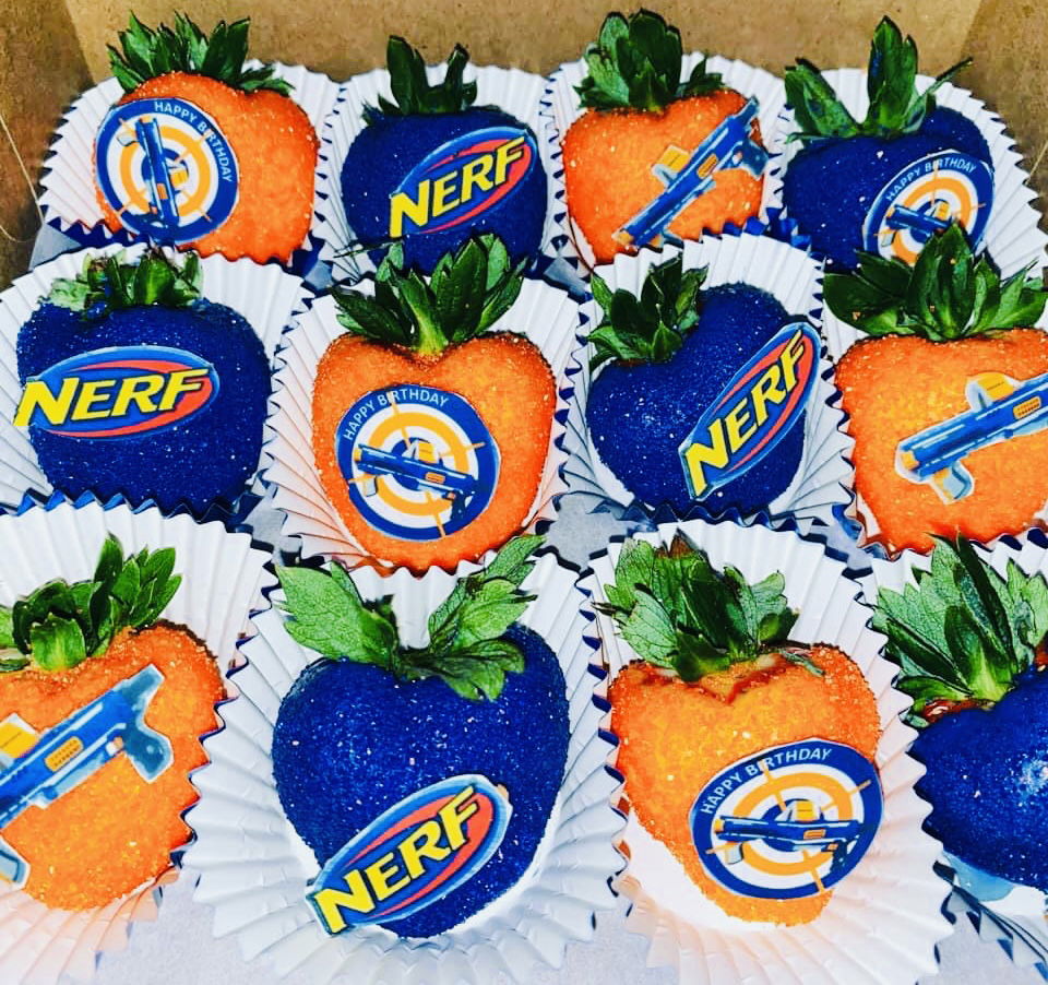 Nerf Theme Chocolate Dipped Strawberries, Chocolate Dipped Oreo’s, and Chocolate Dipped Rice Crispy Treats with Edible Image