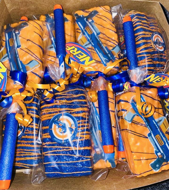 Nerf Theme Chocolate Dipped Strawberries, Chocolate Dipped Oreo’s, and Chocolate Dipped Rice Crispy Treats with Edible Image