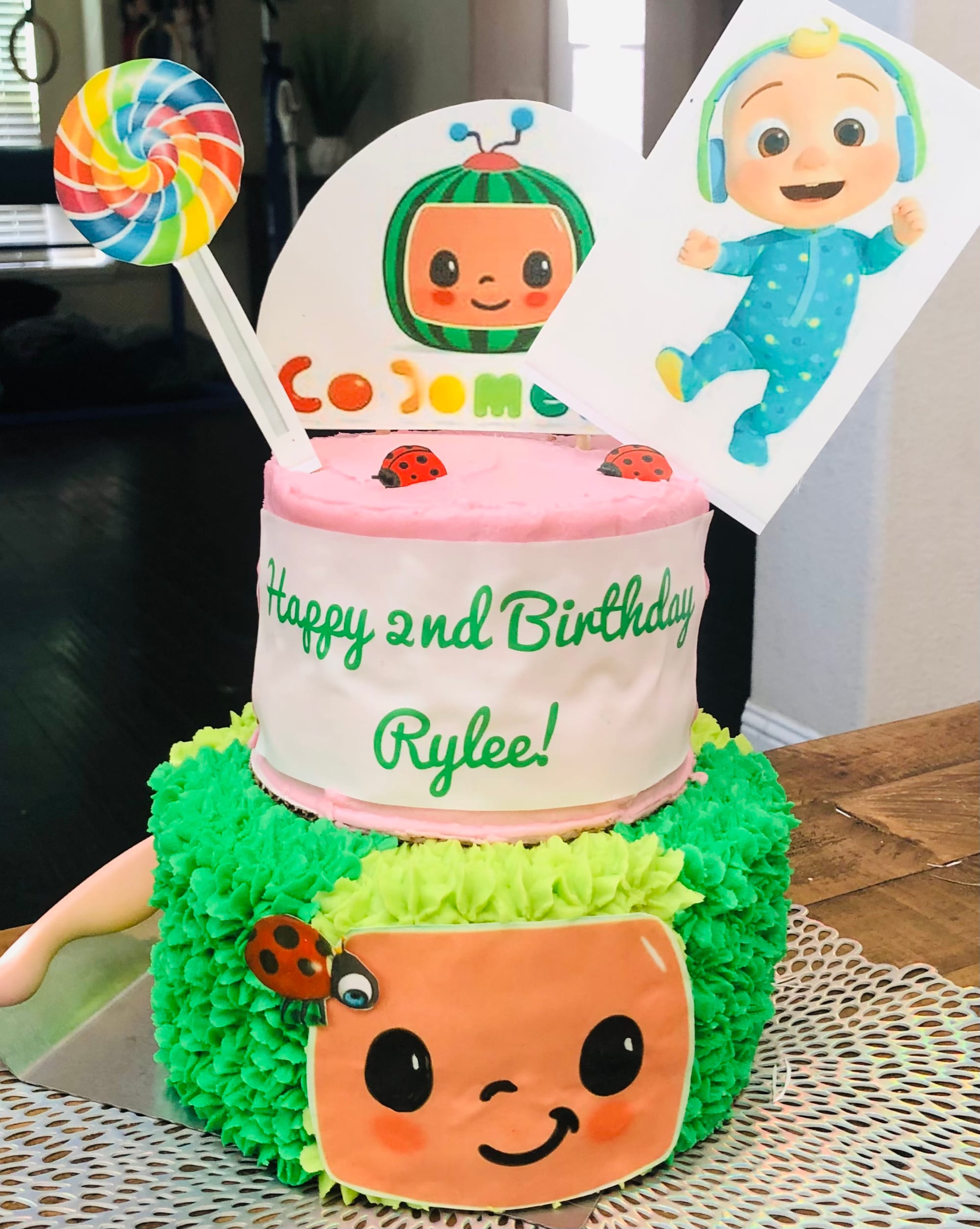 2 Tier Marble Cocomelon Cake With Buttercream Frosting and Edible Image
