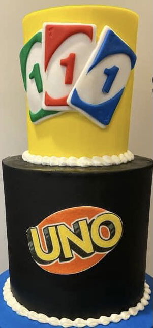 2 Tier Uno Game Cake With Buttercream Frosting, Fondant, and Edible Image