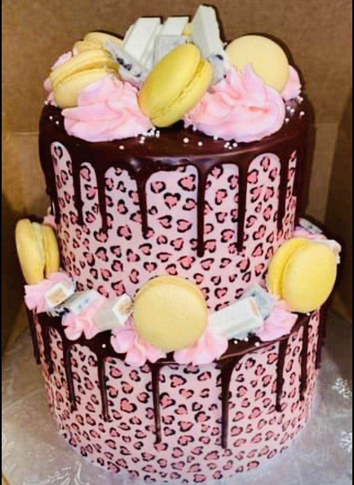 2 Tier Vanilla and Strawberry Cake With Buttercream Frosting, Edible Image, and Macarons