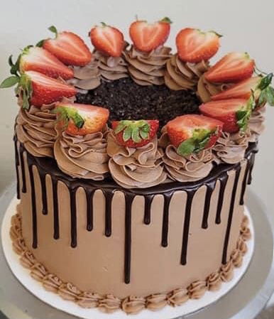 3 Layer Chocolate Cake With Buttercream Frosting and Fresh Strawberries